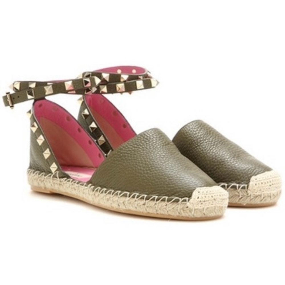 Valentino Rockstud textured leather ankle-wrap espadrille flat sandal IT 36 US 6